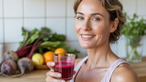 A woman smiles while holding a glass of beetroot juice in a kitchen. Fresh vegetables and fruits, including beets and oranges, are visible in the background—highlighting the benefits of this drink for glowing skin.