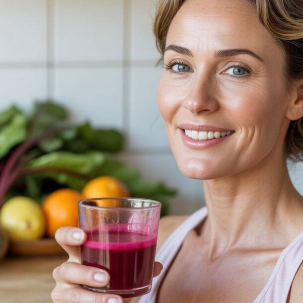 A woman smiles while holding a glass of beetroot juice in a kitchen. Fresh vegetables and fruits, including beets and oranges, are visible in the background—highlighting the benefits of this drink for glowing skin.
