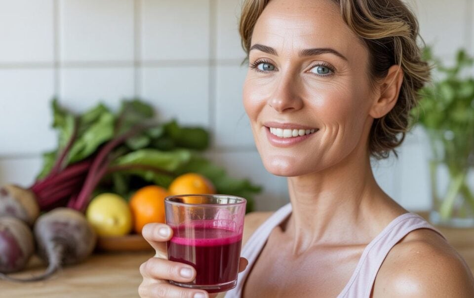 A woman smiles while holding a glass of beetroot juice in a kitchen. Fresh vegetables and fruits, including beets and oranges, are visible in the background—highlighting the benefits of this drink for glowing skin.