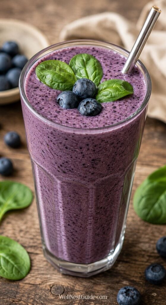 A tall glass of blueberry smoothie, inspired by Hypothyroid Smoothie Recipes, is topped with fresh blueberries and spinach leaves, with a metal straw. Blueberries and spinach are scattered on a wooden table in the background.