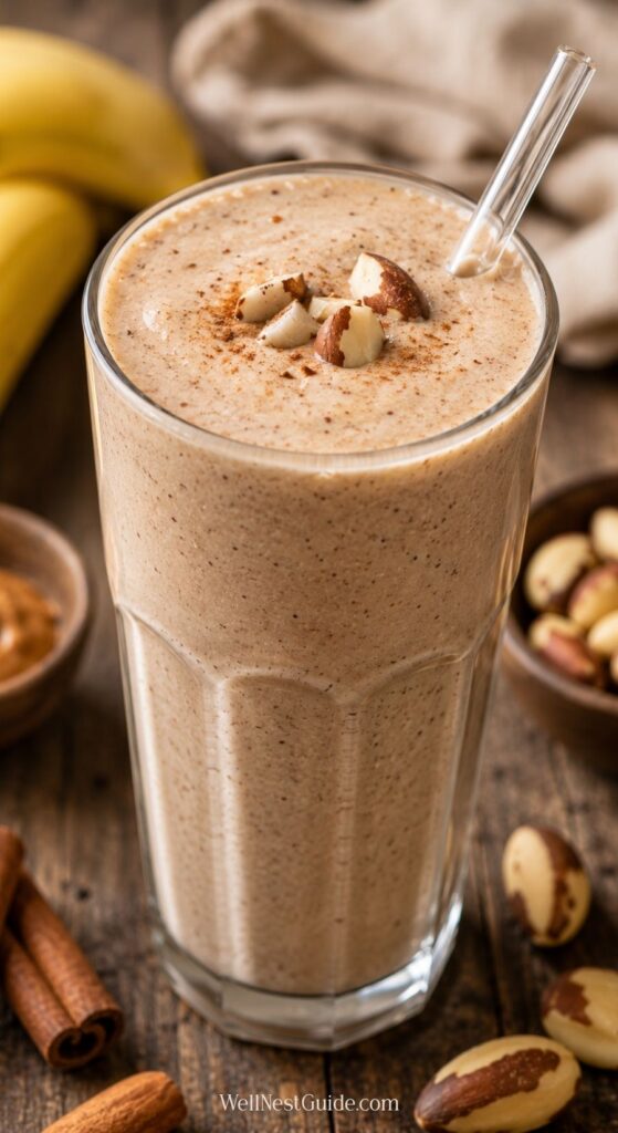 A glass of creamy smoothie from our Hypothyroid Smoothie Recipes topped with chopped nuts and a sprinkle of cinnamon, served with a clear straw. Bananas, peanut butter, whole nuts, and cinnamon sticks are scattered on the rustic wooden table nearby.