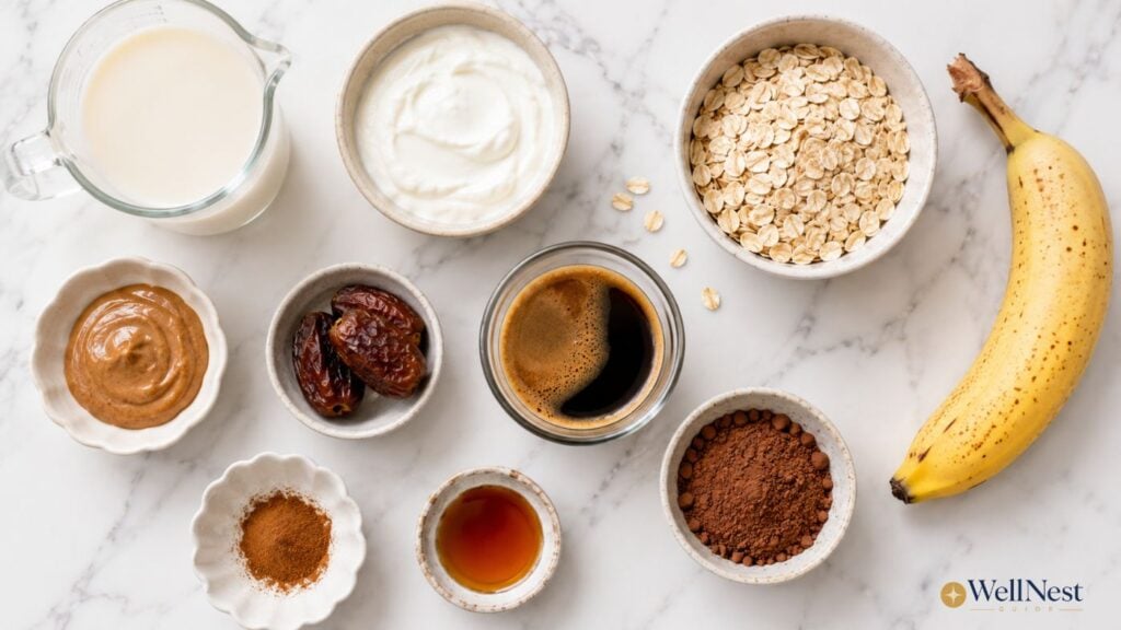 A flat lay of ingredients on a marble surface, including banana, oats, dates, peanut butter, yogurt, milk, cocoa powder, ground cinnamon, vanilla extract, and a cup of espresso—perfect for a delicious oat breakfast smoothie you can prep ahead.