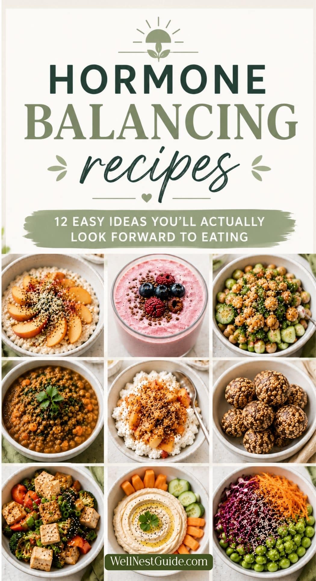 A collage of colorful, healthy meals and snacks in bowls, with text: Hormone Balancing Recipes—12 easy ideas featuring estrogen rich foods you’ll actually look forward to eating. Website: WellNestGuide.com.