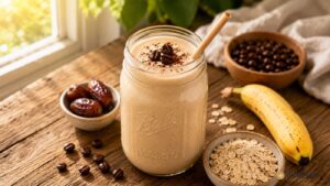 A creamy breakfast smoothie in a mason jar with a straw, topped with coffee beans and cinnamon. Surrounding the jar are a banana, dates, oats, espresso beans, and a bowl of chocolate-covered coffee beans on a rustic wooden table.