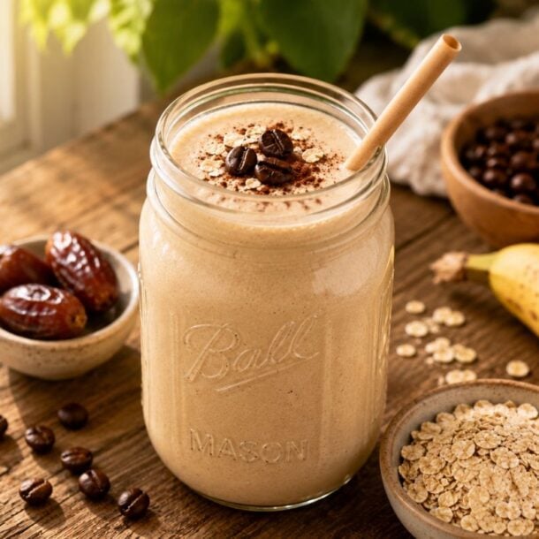 A creamy breakfast smoothie in a mason jar with a straw, topped with coffee beans and cinnamon. Surrounding the jar are a banana, dates, oats, espresso beans, and a bowl of chocolate-covered coffee beans on a rustic wooden table.