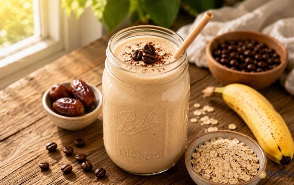A creamy breakfast smoothie in a mason jar with a straw, topped with coffee beans and cinnamon. Surrounding the jar are a banana, dates, oats, espresso beans, and a bowl of chocolate-covered coffee beans on a rustic wooden table.