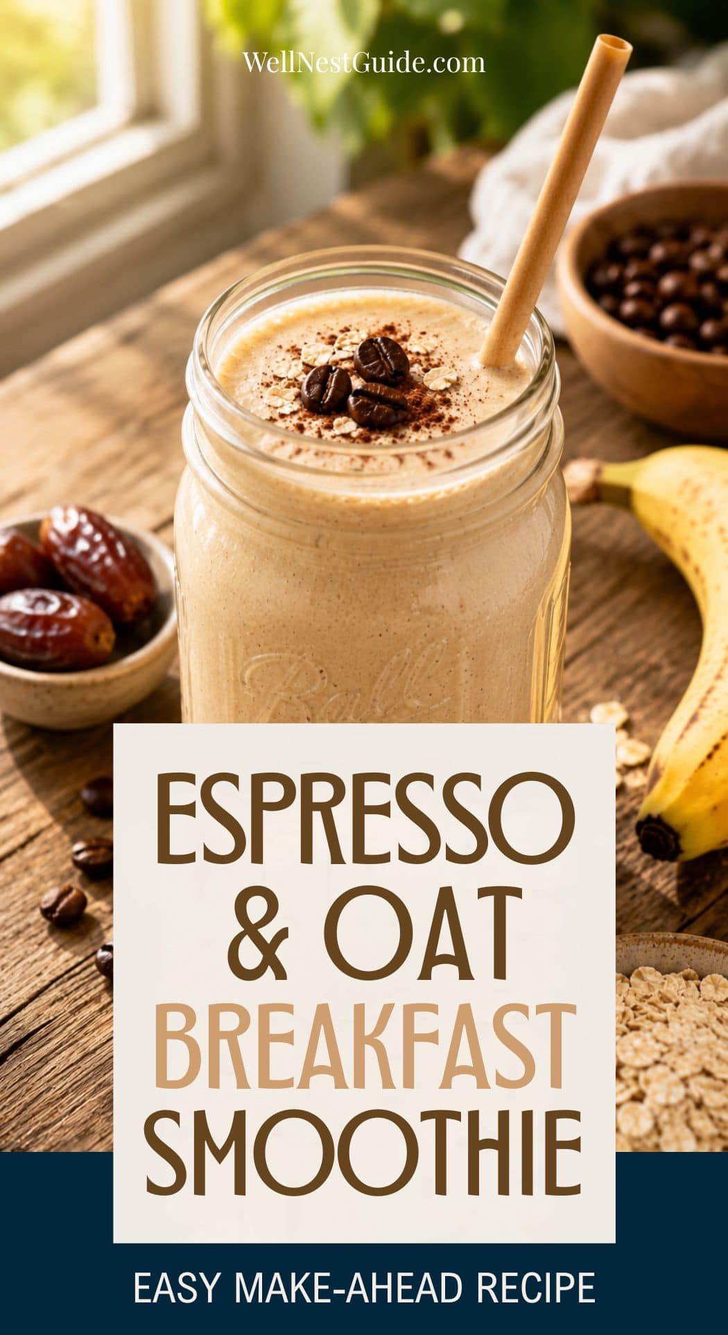 A mason jar filled with an Oat Breakfast Smoothie, topped with coffee beans and cinnamon, sits on a wooden table near a banana, dates, and oat flakes. Text on image: Espresso & Oat Breakfast Smoothie. Perfect to prep ahead for busy mornings.