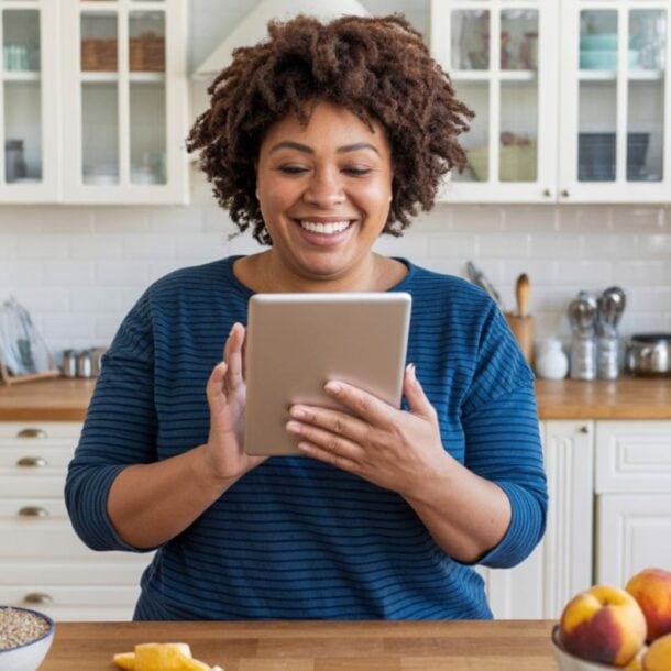 A woman stands in a bright kitchen, smiling while using a tablet. Fresh fruit and estrogen-rich foods are on the counter in front of her, supporting women's health. White cabinets and kitchenware are in the background.