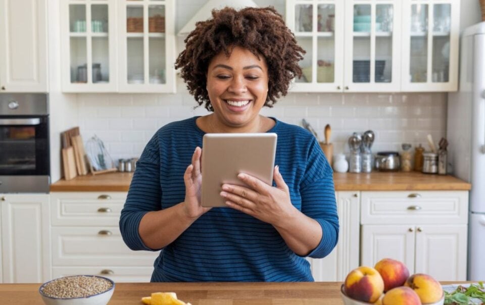 A woman stands in a bright kitchen, smiling while using a tablet. Fresh fruit and estrogen-rich foods are on the counter in front of her, supporting women's health. White cabinets and kitchenware are in the background.
