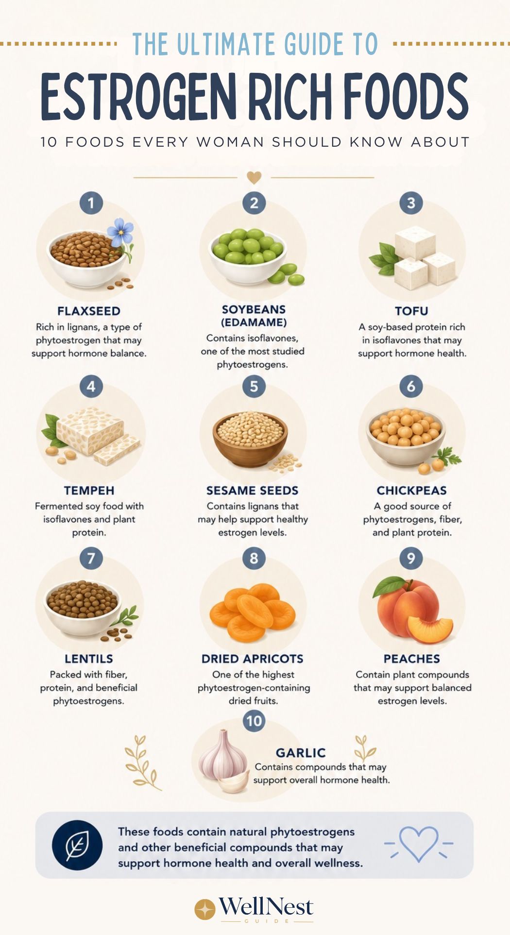 Infographic titled The Ultimate Guide to Estrogen Rich Foods lists and illustrates 10 top estrogen rich foods with phytoestrogens: flaxseed, soybeans, tofu, tempeh, sesame seeds, chickpeas, lentils, dried apricots, peaches, and garlic.