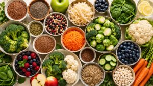 An assortment of natural foods—fresh fruits, vegetables, seeds, and grains like broccoli, carrots, berries, and spinach—artfully arranged in bowls to support hormone balance on a light surface.