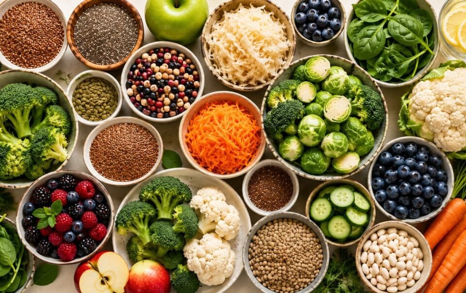An assortment of natural foods—fresh fruits, vegetables, seeds, and grains like broccoli, carrots, berries, and spinach—artfully arranged in bowls to support hormone balance on a light surface.