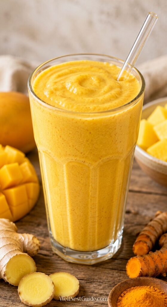 A glass of golden yellow smoothie with a glass straw, surrounded by fresh ginger, turmeric, sliced mango, and a bowl of mango chunks on a rustic wooden table—perfect inspiration for Hypothyroid Smoothie Recipes.