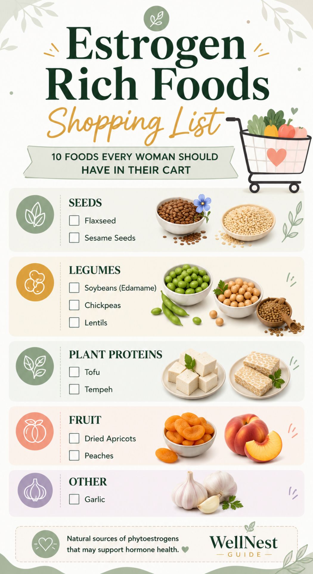 Infographic titled Estrogen Rich Foods Shopping List features illustrations of 10 estrogen rich foods, including flaxseed, sesame seeds, soybeans, edamame, chickpeas, tofu, tempeh, dried apricots, prunes, and garlic.