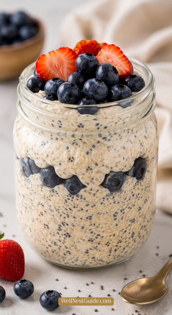A glass jar filled with chia seed overnight oats, layered with blueberries, and topped with fresh blueberries and sliced strawberries—an ideal choice for anyone seeking tasty fat loss breakfast ideas. A spoon and whole strawberry sit beside the jar on a light surface.