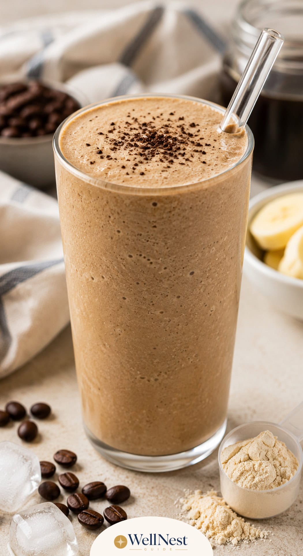 A tall glass of creamy coffee smoothie with a glass straw, topped with coffee grounds—perfect for fat loss breakfast ideas. Surrounding it are coffee beans, ice cubes, protein powder, banana slices, and a bowl of coffee. The WellNest logo is visible at the bottom.