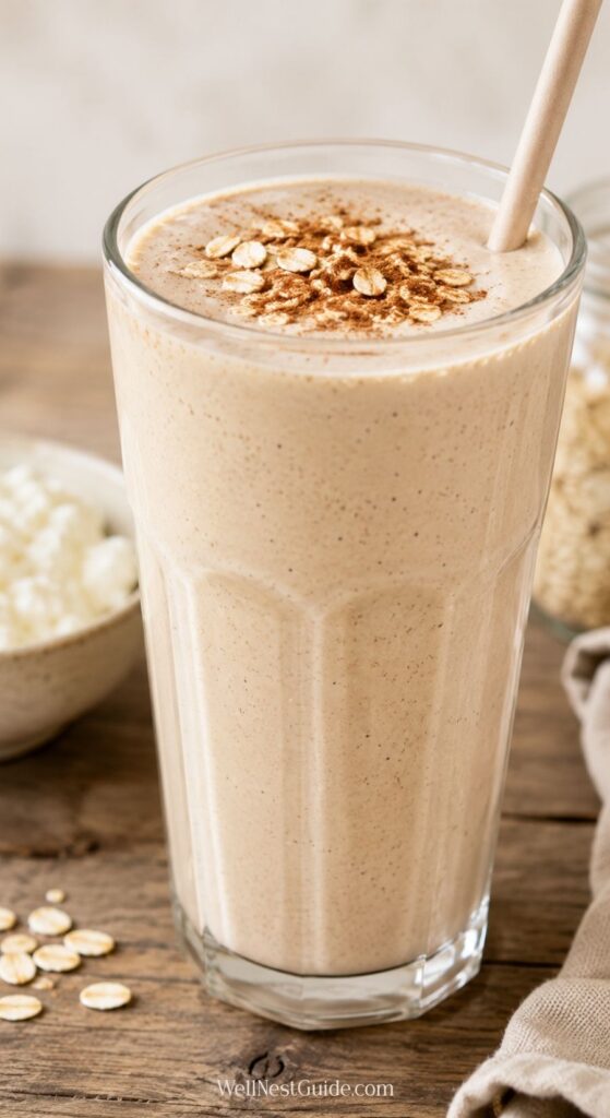 A glass of creamy metabolism booster smoothie topped with oats and cinnamon sits on a wooden table with a straw, next to small bowls of oats and cottage cheese—perfect for those seeking faster metabolism recipes.