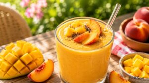 A glass of Peach Mango Smoothie topped with diced mango, peach slices, and chia seeds sits on a wooden table, surrounded by fresh mango cubes and a bowl of peaches—an inviting smoothie recipe perfect for a high protein boost.