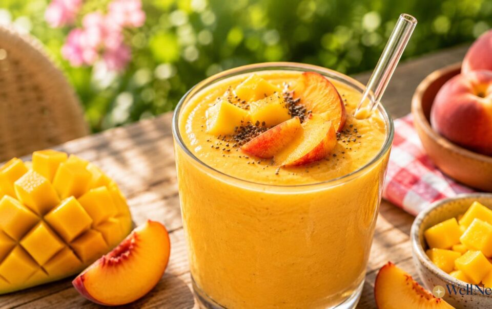 A glass of Peach Mango Smoothie topped with diced mango, peach slices, and chia seeds sits on a wooden table, surrounded by fresh mango cubes and a bowl of peaches—an inviting smoothie recipe perfect for a high protein boost.