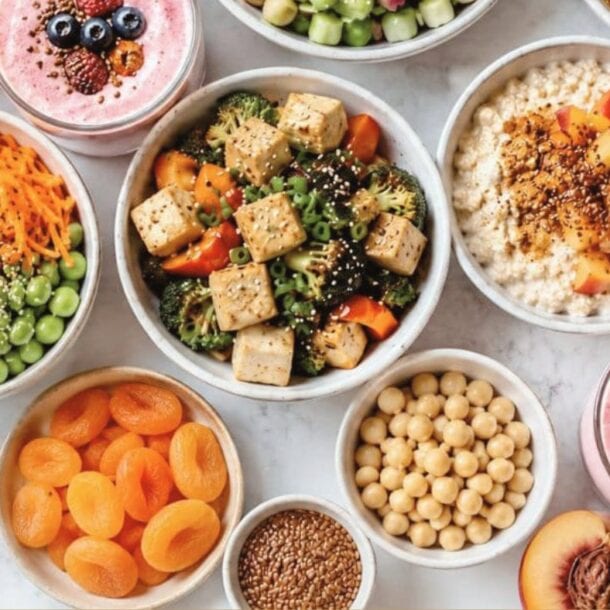 An assortment of colorful, healthy dishes in bowls, featuring hormone balancing recipes like salads with tofu, chickpeas, edamame, chia puddings with fruit, dried apricots, smoothie bowls, energy bites, and sliced peaches on a light surface.