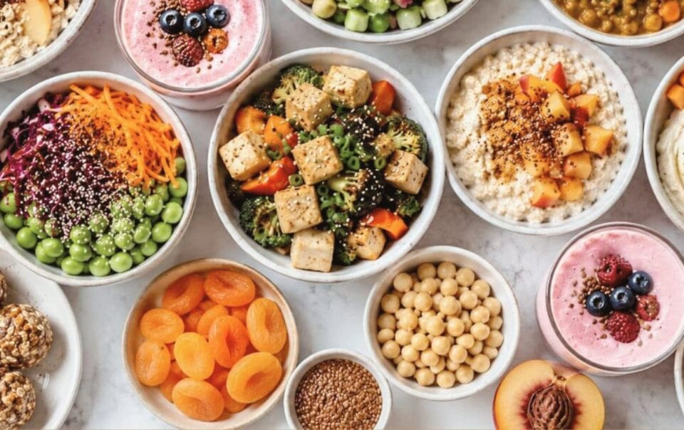 An assortment of colorful, healthy dishes in bowls, featuring hormone balancing recipes like salads with tofu, chickpeas, edamame, chia puddings with fruit, dried apricots, smoothie bowls, energy bites, and sliced peaches on a light surface.
