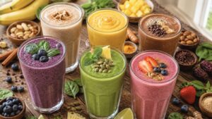 Six colorful smoothies—purple, beige, yellow, brown, green, and pink—are garnished with fruits, nuts, and seeds. Try these Hypothyroid Smoothie Recipes surrounded by fresh fruit, spinach, nuts, and spices on a rustic wooden table.
