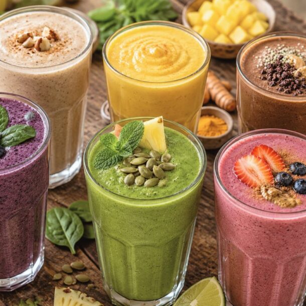 Six colorful smoothies—purple, beige, yellow, brown, green, and pink—are garnished with fruits, nuts, and seeds. Try these Hypothyroid Smoothie Recipes surrounded by fresh fruit, spinach, nuts, and spices on a rustic wooden table.