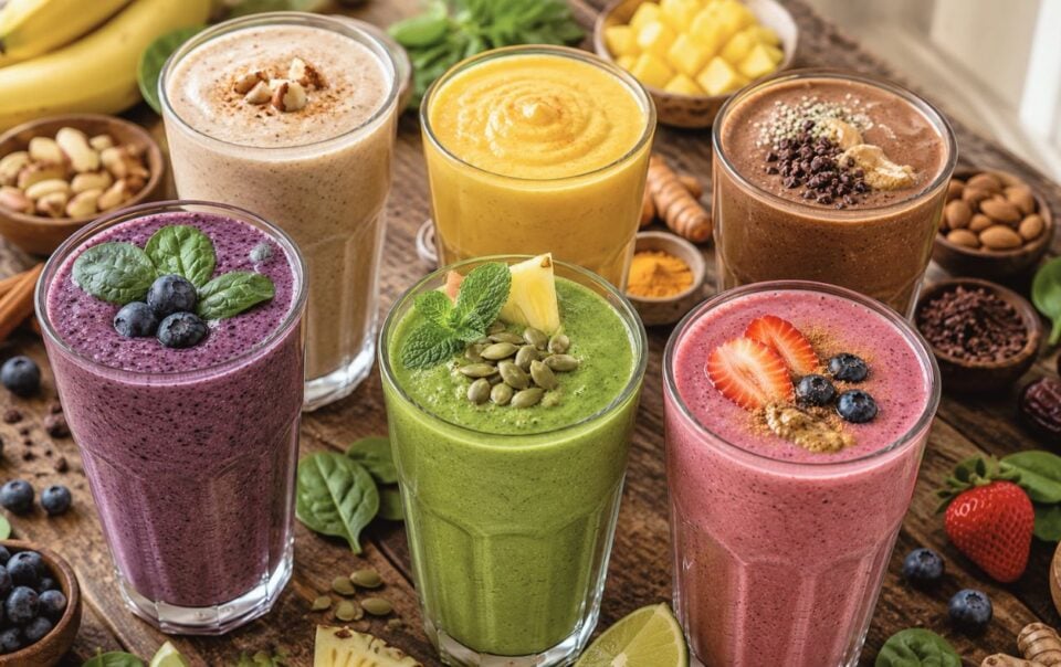 Six colorful smoothies—purple, beige, yellow, brown, green, and pink—are garnished with fruits, nuts, and seeds. Try these Hypothyroid Smoothie Recipes surrounded by fresh fruit, spinach, nuts, and spices on a rustic wooden table.
