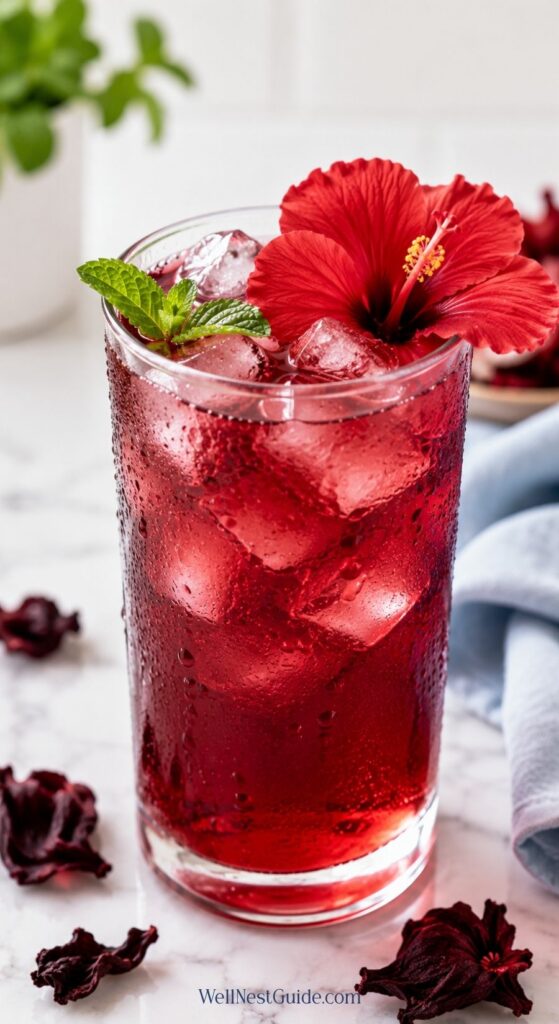 A glass of iced red hibiscus tea—one of the finest Metabolism Booster Drinks—garnished with fresh mint and a hibiscus flower, with condensation on the glass and hibiscus petals scattered on a white surface nearby.