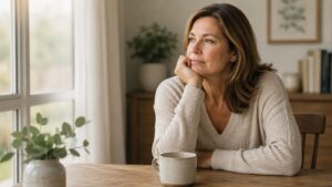 A woman sits at a wooden table indoors, resting her chin on her hand and gazing thoughtfully out the window, perhaps reflecting on low estrogen symptoms. A coffee mug and small plant sit in front of her in this warm, peaceful scene.