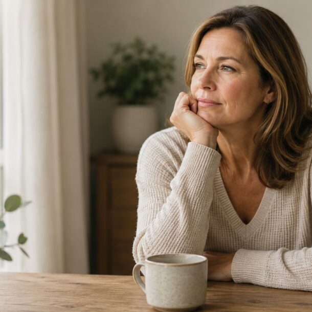 A woman sits at a wooden table indoors, resting her chin on her hand and gazing thoughtfully out the window, perhaps reflecting on low estrogen symptoms. A coffee mug and small plant sit in front of her in this warm, peaceful scene.