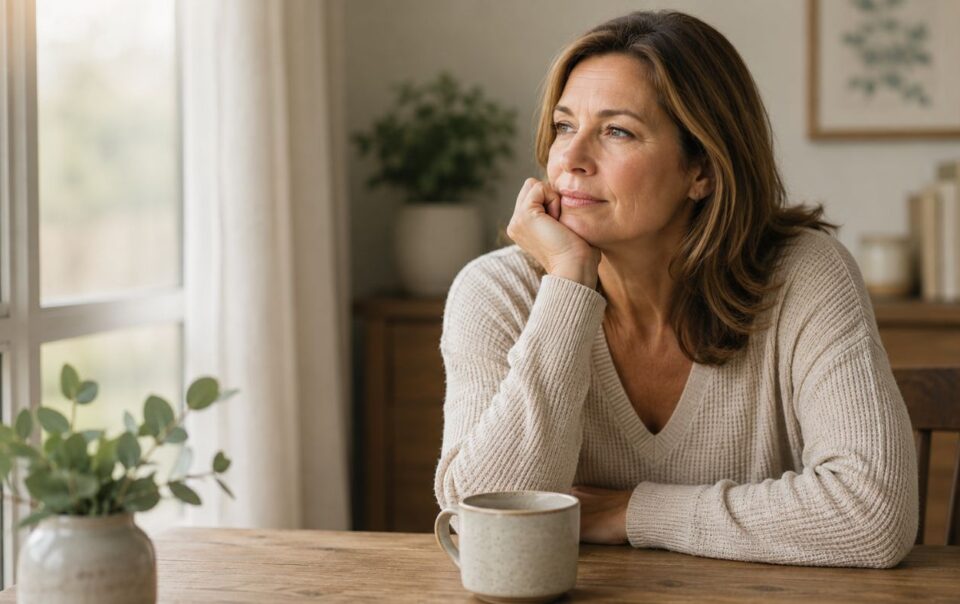 A woman sits at a wooden table indoors, resting her chin on her hand and gazing thoughtfully out the window, perhaps reflecting on low estrogen symptoms. A coffee mug and small plant sit in front of her in this warm, peaceful scene.