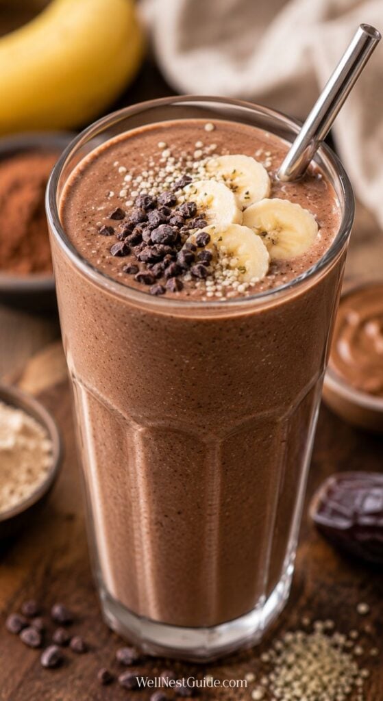 A glass of chocolate smoothie topped with banana slices, cacao nibs, and seeds, with a metal straw. Perfect for Hypothyroid Smoothie Recipes, it features banana, cocoa powder, nut butter, and dates in the background.
