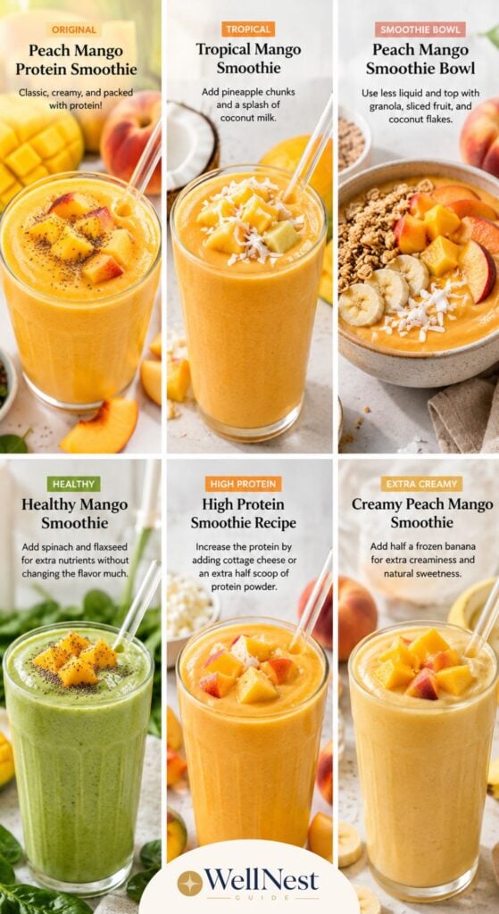 A collage shows six peach mango smoothie variations in glasses or bowls, each topped with fruit or granola. Recipes include classic, tropical, smoothie bowl, healthy, high protein smoothie, and creamy, with WellNest Studio’s logo at the bottom.