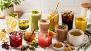 A colorful assortment of metabolism booster drinks in various glasses and mugs—iced teas, smoothies, juice, and herbal teas garnished with mint, lemon slices, cinnamon sticks, and fruits—arranged on a white marble surface.