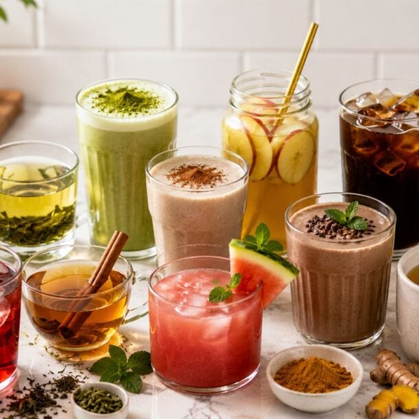 A colorful assortment of metabolism booster drinks in various glasses and mugs—iced teas, smoothies, juice, and herbal teas garnished with mint, lemon slices, cinnamon sticks, and fruits—arranged on a white marble surface.
