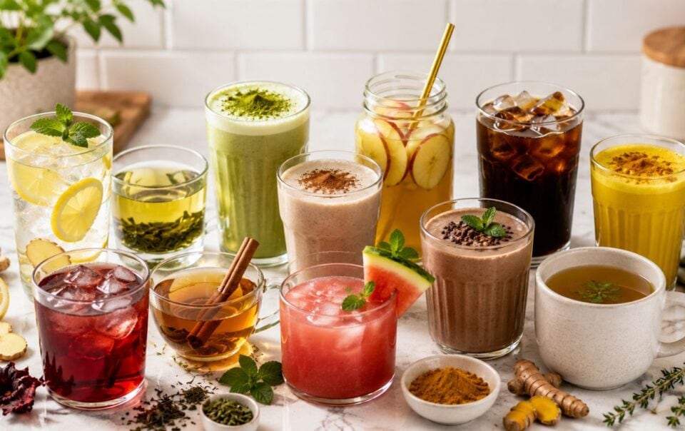 A colorful assortment of metabolism booster drinks in various glasses and mugs—iced teas, smoothies, juice, and herbal teas garnished with mint, lemon slices, cinnamon sticks, and fruits—arranged on a white marble surface.