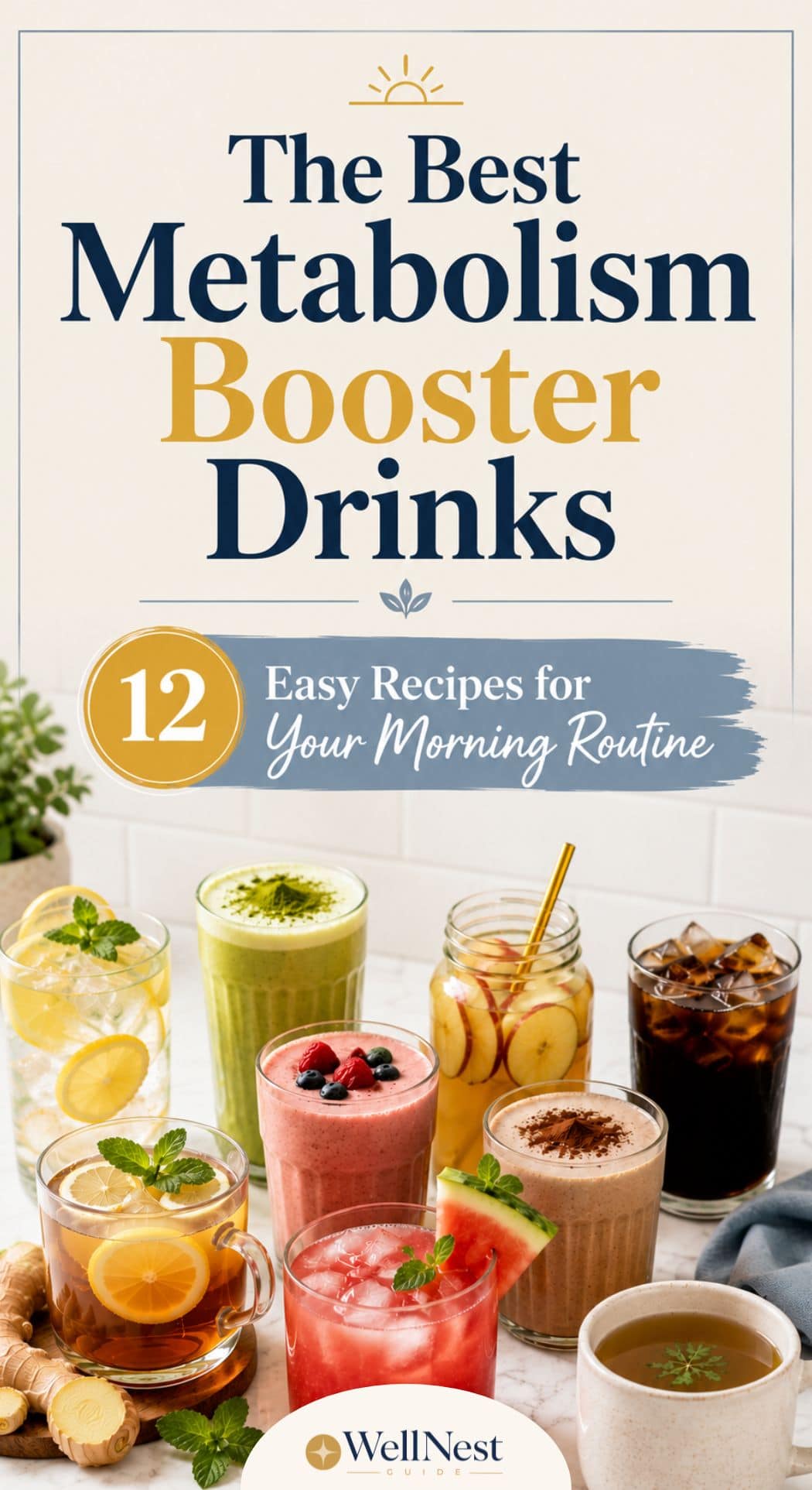 A variety of colorful metabolism booster drinks in glasses, garnished with fresh fruit and herbs, are displayed on a table. Text reads: The Best Metabolism Booster Drinks – 12 Easy Recipes for Your Morning Routine.