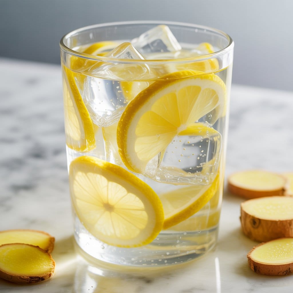 A glass of water with ice cubes, lemon slices, and ginger slices on a marble surface—an invigorating choice for metabolism booster drinks. Additional ginger slices are scattered nearby.
