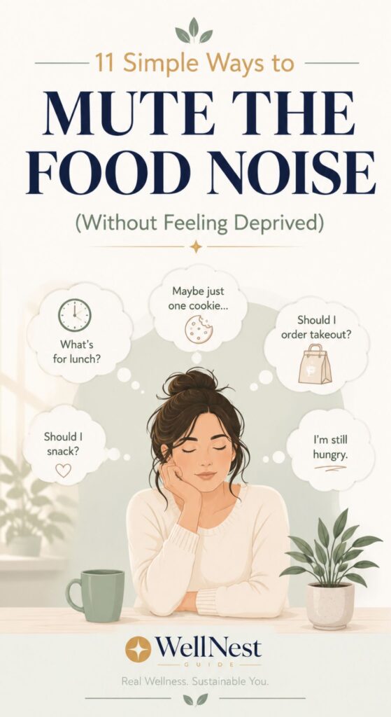 Illustration of a woman sitting at a table with a mug, looking contemplative as she wonders how to quiet hunger. Thought bubbles surround her, and the text above reads: 11 Simple Natural Ways to Reduce Appetite (Without Feeling Deprived). WellNest Guide logo shown.