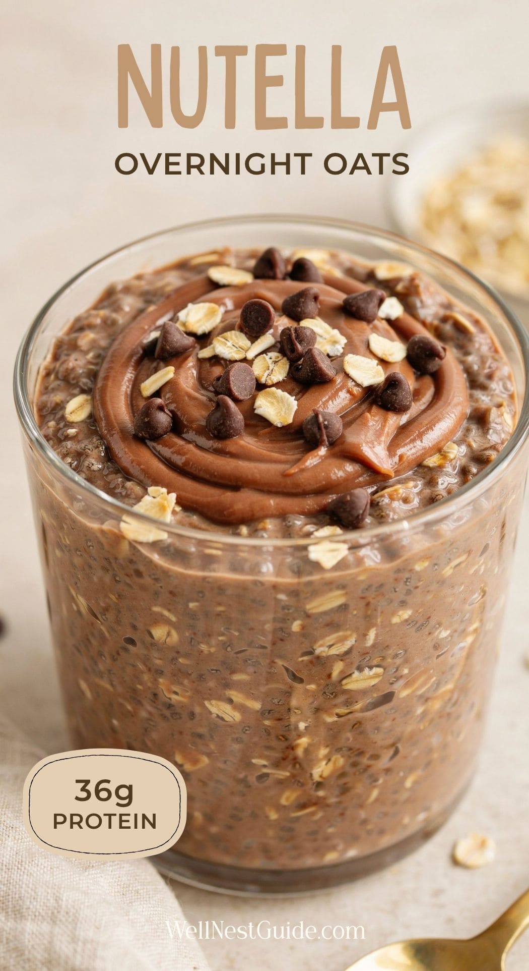 A glass filled with Nutella overnight oats, topped with a swirl of Nutella, chocolate chips, and oat flakes. Text reads Nutella Protein Oats, 36g Protein, High Protein Overnight Oats, and WellNestGuide.com.
