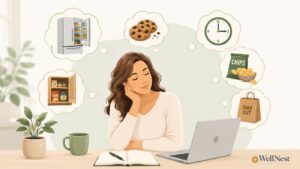 A woman sits at a desk with a laptop and notebook, dreaming about food options like cookies, chips, takeout, and a stocked fridge—she’s pondering natural ways to reduce appetite or quietly satisfy her hunger.