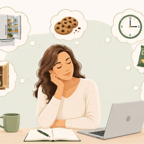A woman sits at a desk with a laptop and notebook, dreaming about food options like cookies, chips, takeout, and a stocked fridge—she’s pondering natural ways to reduce appetite or quietly satisfy her hunger.