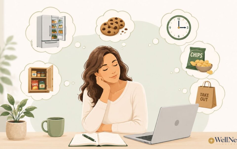 A woman sits at a desk with a laptop and notebook, dreaming about food options like cookies, chips, takeout, and a stocked fridge—she’s pondering natural ways to reduce appetite or quietly satisfy her hunger.