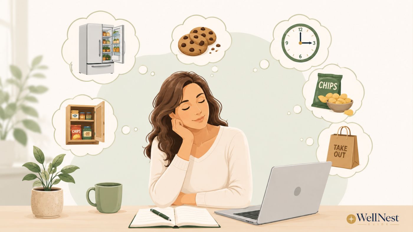 A woman sits at a desk with a laptop and notebook, dreaming about food options like cookies, chips, takeout, and a stocked fridge—she’s pondering natural ways to reduce appetite or quietly satisfy her hunger.