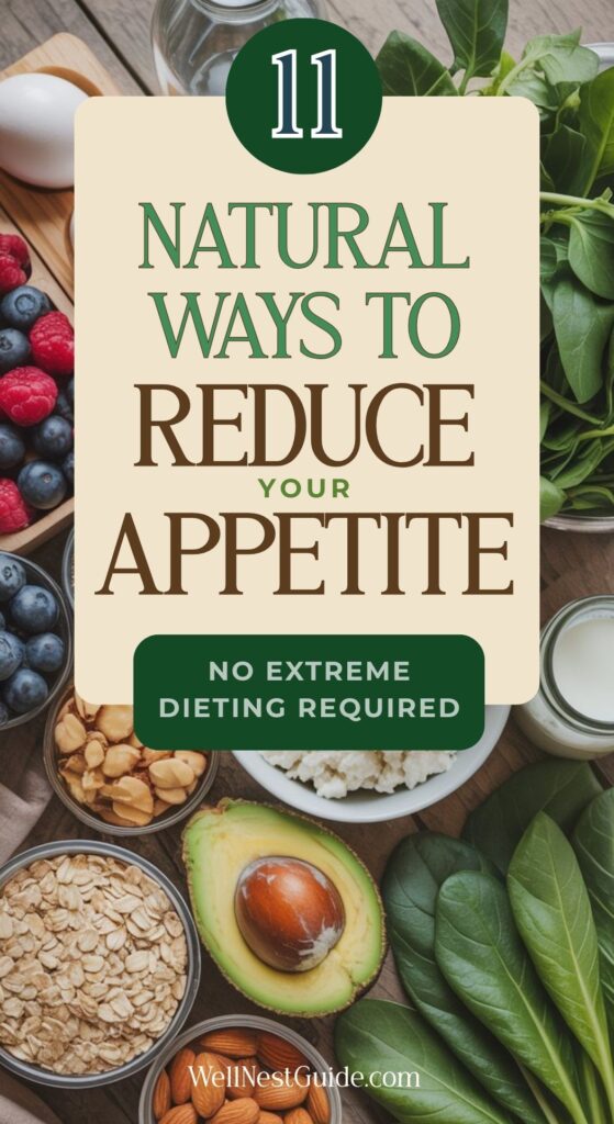 A sign reads “11 Natural Ways to Reduce Your Appetite – No Extreme Dieting Required.” Surrounding the sign are healthy foods like spinach, an avocado, eggs, oats, blueberries, raspberries, nuts, and a glass of milk to curb hunger.