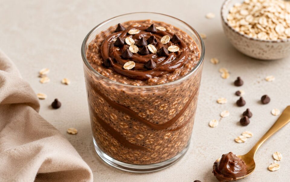 A glass filled with Nutella overnight oats, topped with chocolate chips and oats. A gold spoon with a chocolate dollop rests nearby, with a bowl of high protein oats and scattered chocolate chips on a light surface.