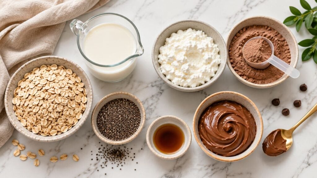 A marble countertop displays bowls of oats, chia seeds, cottage cheese, cocoa powder, and chocolate spread—perfect ingredients for Nutella Overnight Oats—plus a small bowl of vanilla extract, a glass pitcher of milk, and a gold spoon with chocolate spread.