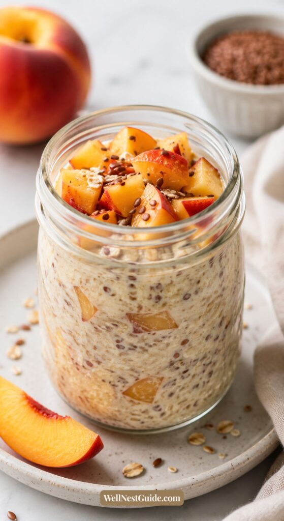 A glass jar filled with overnight oats—an easy estrogen recipe—topped with fresh peach chunks and sprinkled with flaxseeds, sits on a plate with oat flakes and a peach slice. A whole peach and a bowl of flaxseeds are in the background.