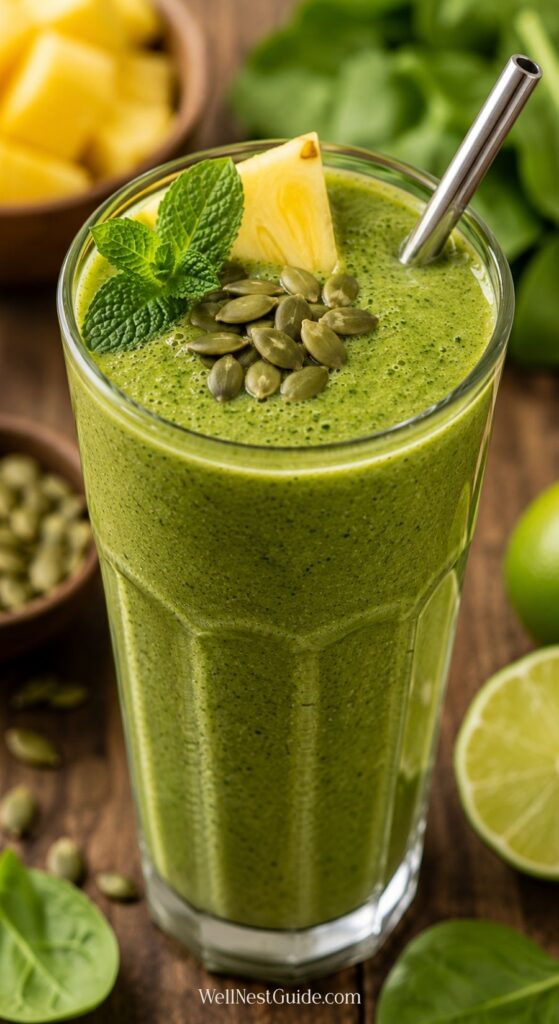 A tall glass of green smoothie—perfect for Hypothyroid Smoothie Recipes—garnished with pumpkin seeds, a pineapple wedge, and mint leaves, with a metal straw. Sliced lime, spinach leaves, and a bowl of pineapple are in the background.